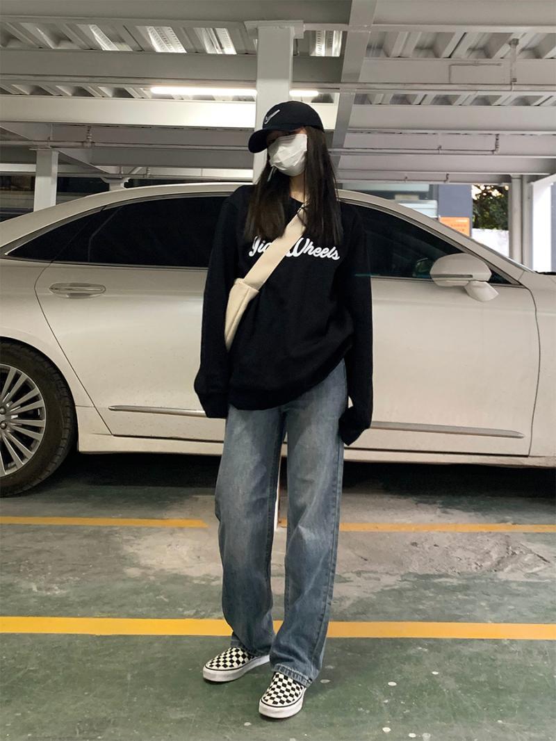 直筒牛仔褲2023秋冬新款復古水洗高腰大碼寬鬆闊腿拖地褲女小個子