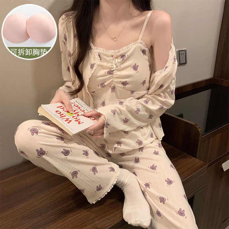 2023新款睡衣女春秋季長袖吊帶胸墊三件套裝可愛ins純欲風家居服
