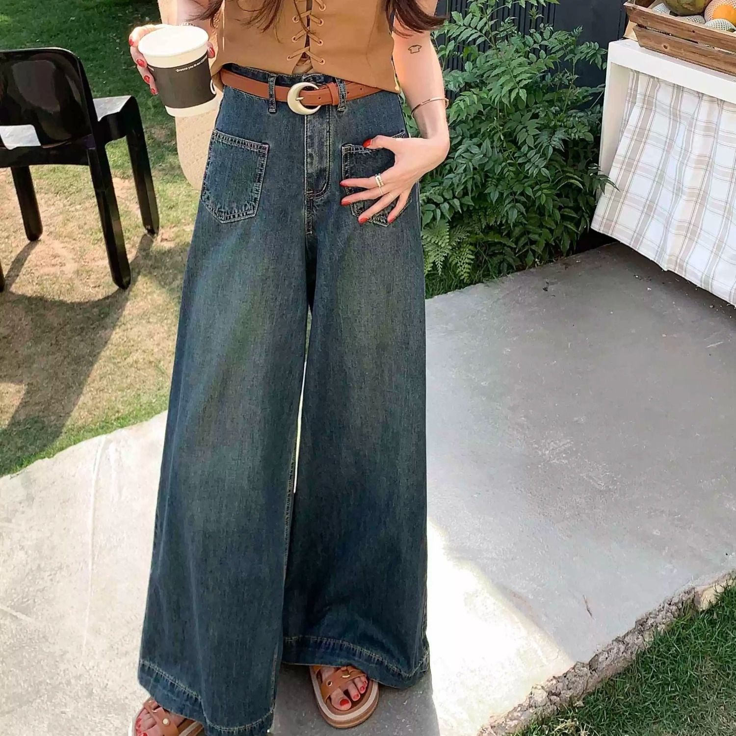 復古港味時尚牛仔褲女春秋新款寬鬆顯瘦小眾百搭街頭大喇叭闊腿褲