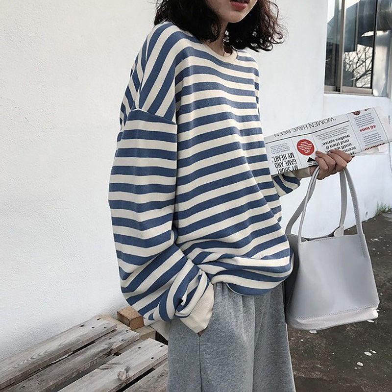 棉質2023初秋韓版新款圓領條紋長袖外套衛衣女學生衣服上衣女裝