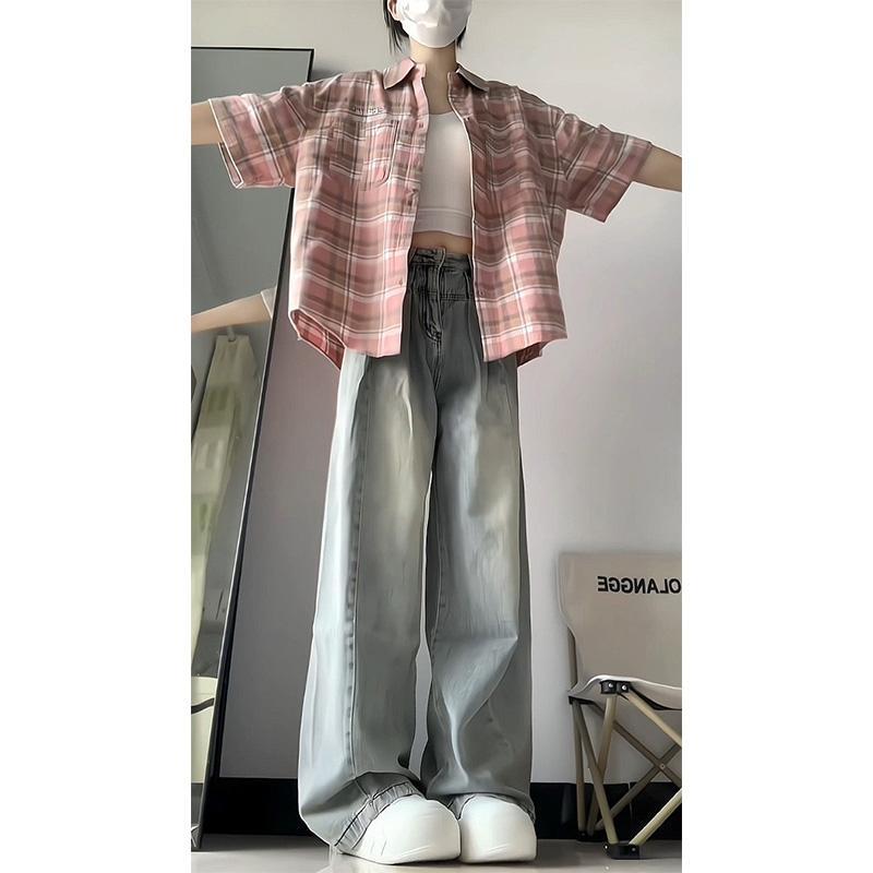 美式復古垂感牛仔褲女秋冬設計感高腰大碼顯瘦小個子直筒闊腿長褲