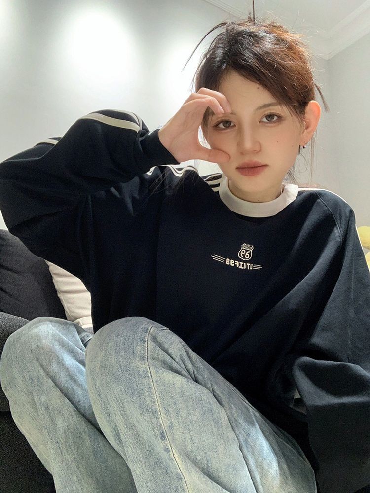 美式復古運動衛衣女秋季條紋長袖t恤寬鬆情侶圓領oversize上衣潮