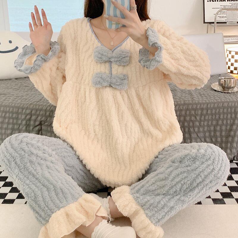 珊瑚絨可愛睡衣女2023年新款秋冬季加絨加厚網紅法蘭絨家居服套裝
