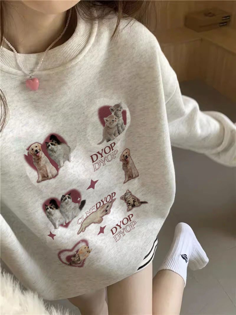 奶fufu圓領無帽衛衣女2023春秋薄款寬鬆oversize小個子學生上衣潮