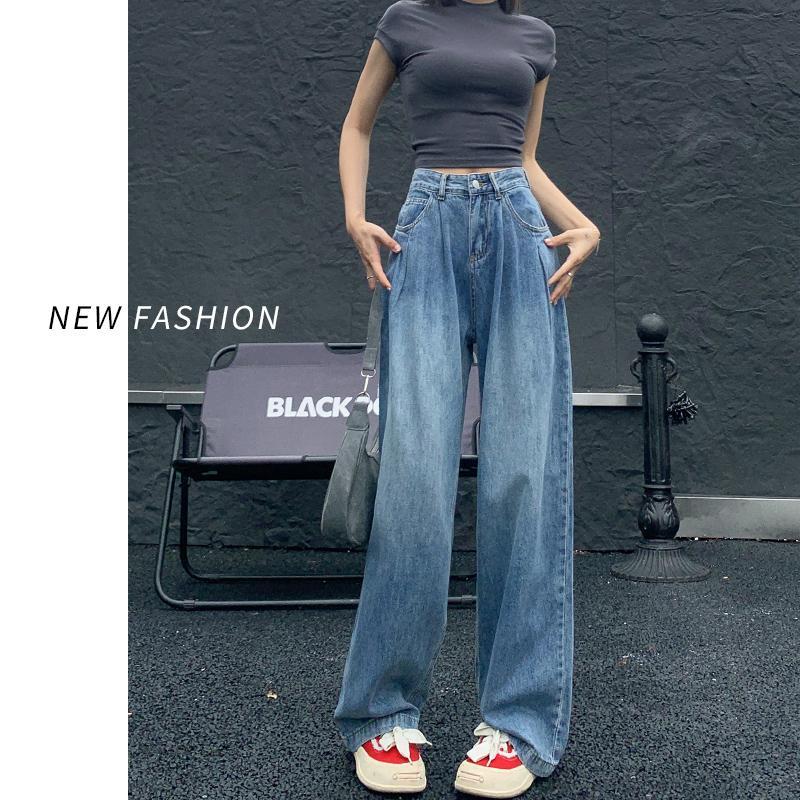 設計感闊腿牛仔褲女2023新款寬鬆高腰大碼垂感直筒拖地長褲子秋冬
