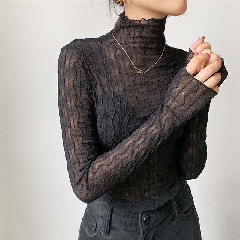 半高領蕾絲打底衫女士2023早秋新款洋氣內搭小衫黑色性感網紗上衣