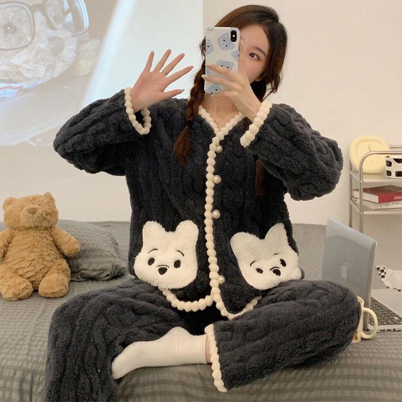 珊瑚絨睡衣女冬季可愛小熊長袖2023新款法蘭絨加厚保暖家居服套裝