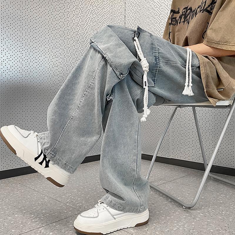 Cargo jeans for men in autumn American retro trendy brand loose straight large pocket drawstring wide leg casual long pants
