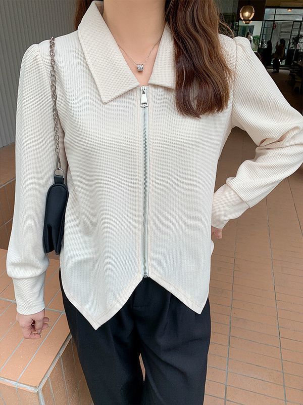 大碼女裝顯瘦氣質百搭長袖開衫拉鏈襯衫女韓版小眾氣質休閒上衣服