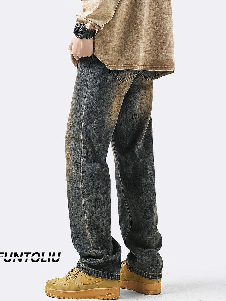 Retro jeans men's autumn American fashion brand loose yellow mud-dyed straight pants washed and distressed versatile wide-leg trousers