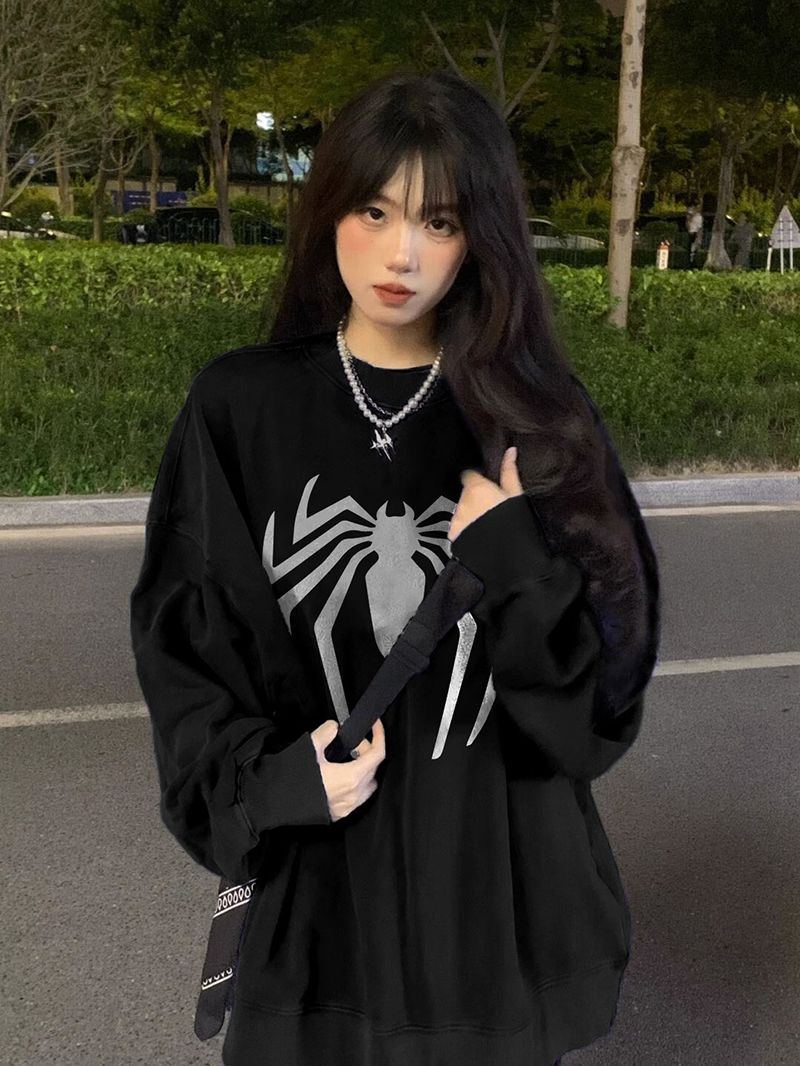 100%重磅純棉圓領衛衣女2023春秋薄款ins潮牌慵懶風寬鬆長袖上衣