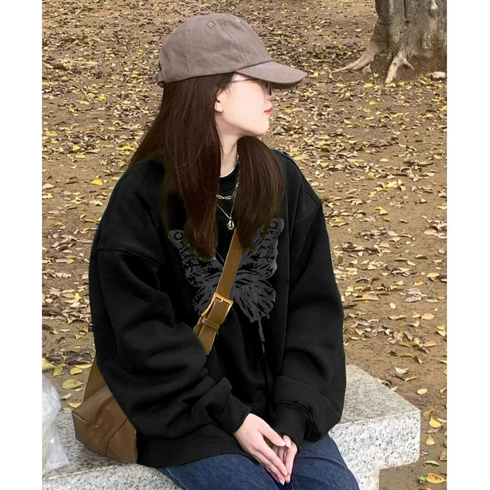 100%重磅純棉美式蝴蝶印花衛衣女長袖內搭打底衫潮牌2023春秋薄款