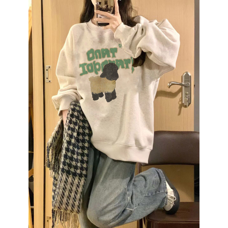圓領灰色衛衣女2023新款寬鬆設計感小眾春秋薄款慵懶風小個子上衣