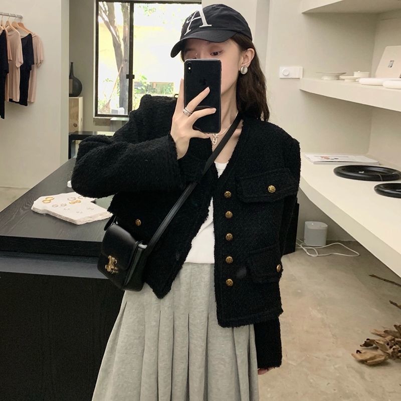 French style black small fragrant coat for small women 2023 spring and autumn new style high-end temperament wool short top