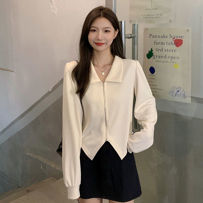 美式復古時尚簡約純色拉鏈襯衫女韓版小眾設計感百搭氣質大碼上衣