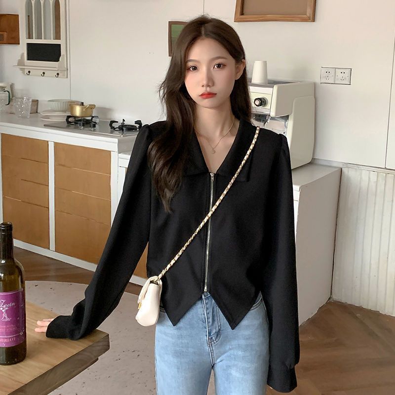 法式休閒時尚簡約純色拉鏈襯衫女韓版小眾氣質百搭氣質大碼上衣服