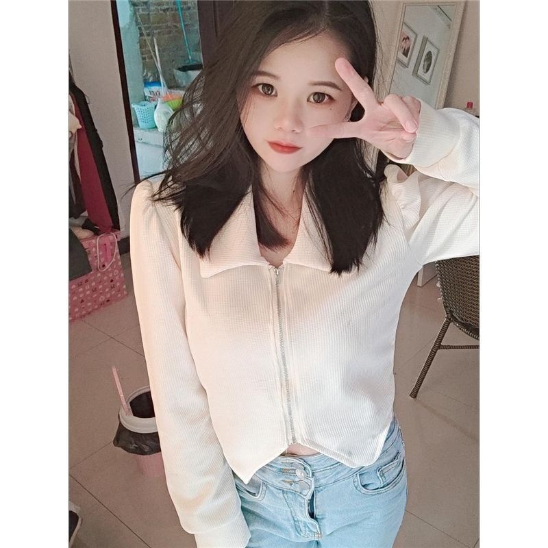 日系簡約純色長袖拉鏈襯衫女小眾設計感百搭氣質大碼女裝顯瘦上衣