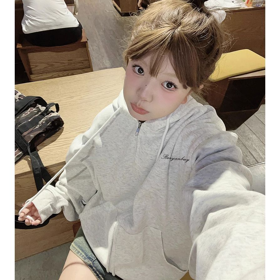 100%重磅純棉開衫衛衣女慵懶風連帽2023春秋薄款oversize寬鬆外套
