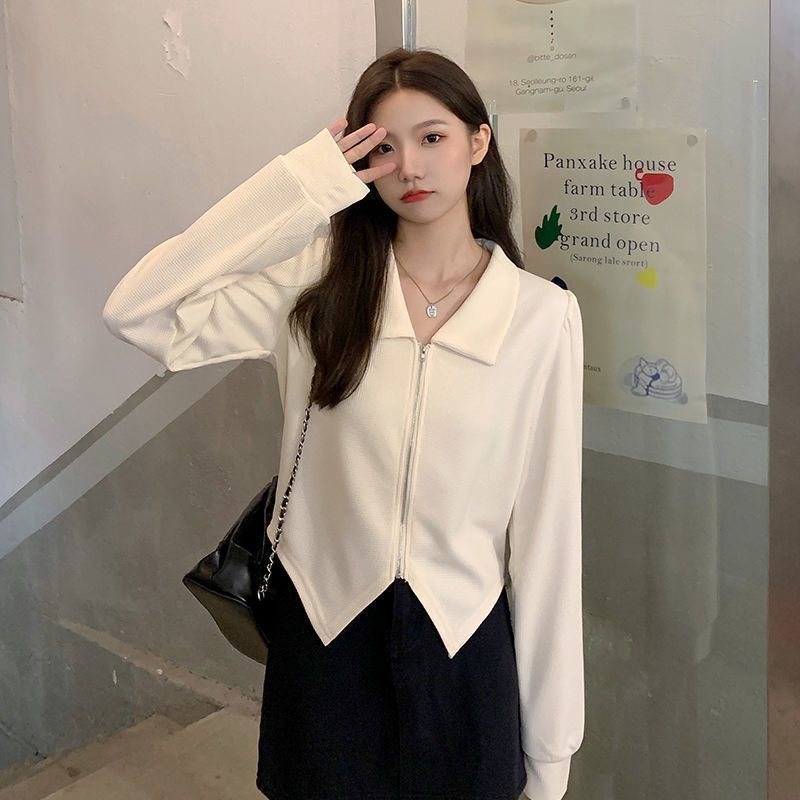 法式休閒時尚簡約純色拉鏈襯衫女韓版氣質百搭ins潮流大碼上衣服