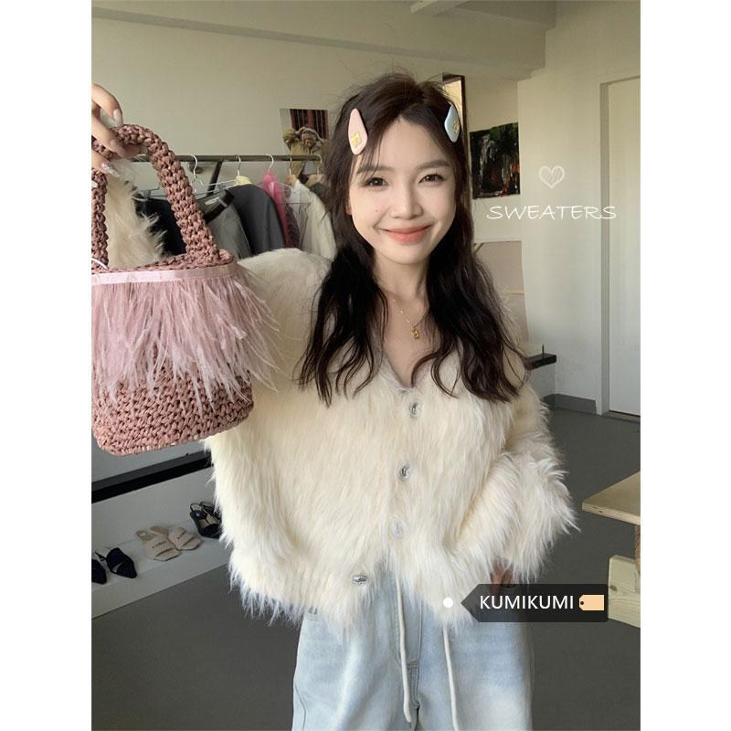 短款白色水貂絨毛衣開衫女秋季溫柔風V領寬鬆百搭氣質針織衫外套