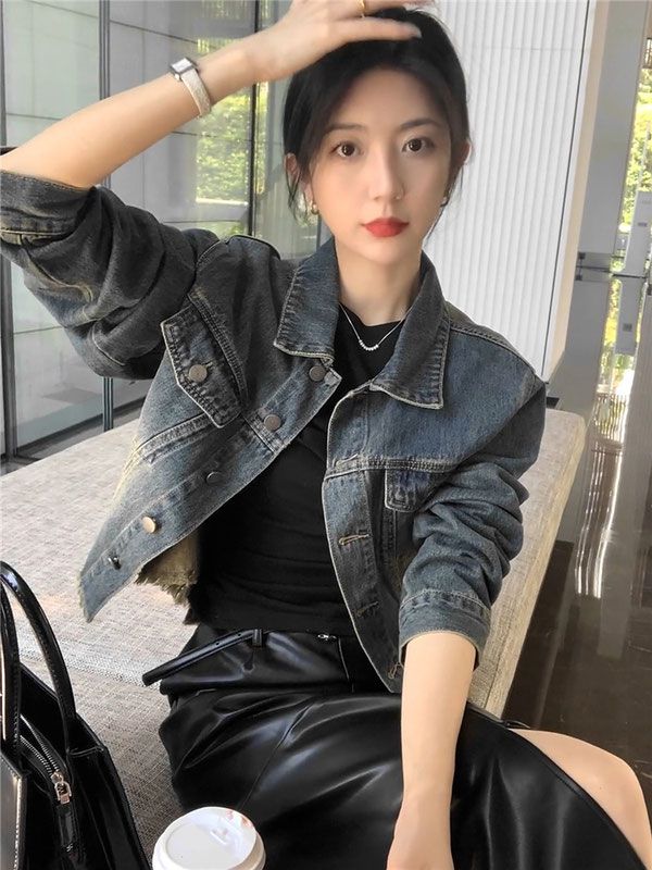 小香風牛仔外套設計感小眾流蘇毛邊夾克上衣拼接皮半身裙兩件套女