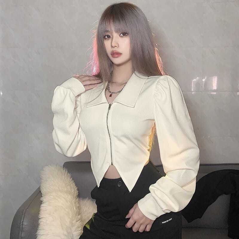 美式復古時尚簡約純色拉鏈長袖襯衫女小眾設計感百搭大碼女裝上衣