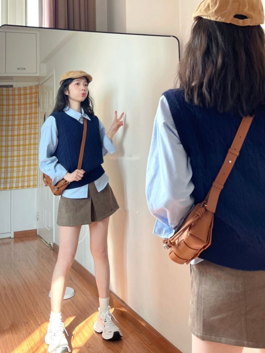 高級感小香風襯衫疊穿針織馬甲兩件套裝女秋季學院風疊穿毛衣上衣