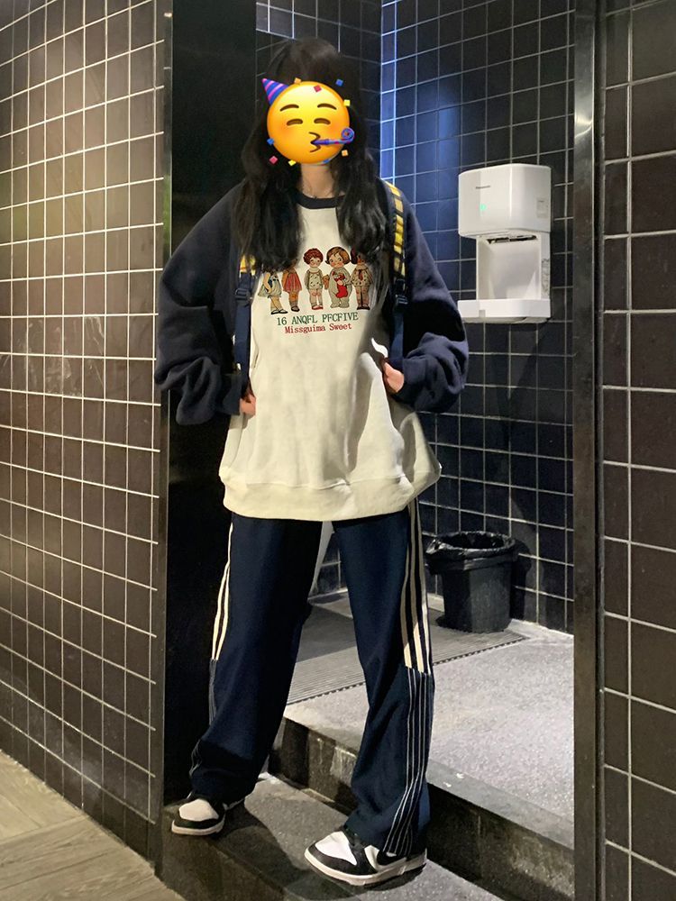 2023新款插肩袖圓領薄款衛衣女士春秋季oversize加絨加厚美式上衣