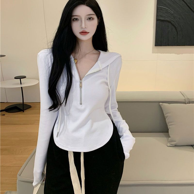 美式復古時尚簡約純色半拉鏈長袖連帽衛衣女韓版小眾大碼女裝上衣