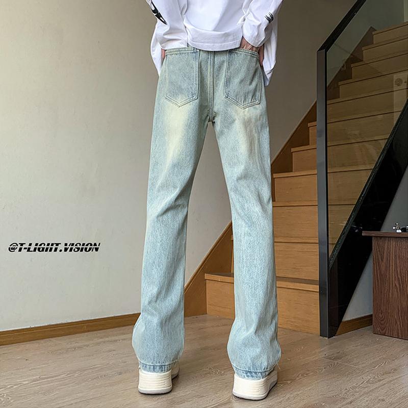 American vibe style pants high street light yellow mud dyed jeans men's micro-flare washed retro slim straight pants