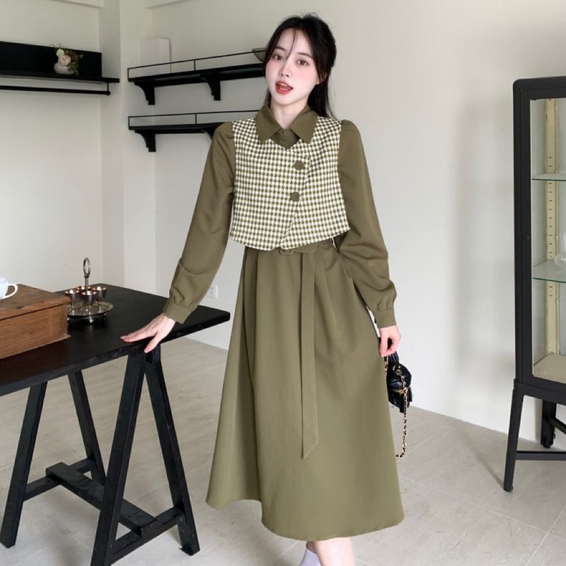 實拍大碼女裝秋冬新款小眾設計格子馬甲+長袖顯瘦連衣裙兩件套