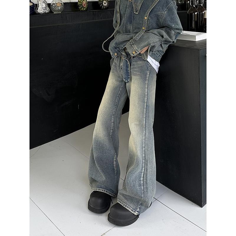 DAY NY American retro high street washed distressed jeans for men and women loose bootcut wide-leg floor-length trousers trendy