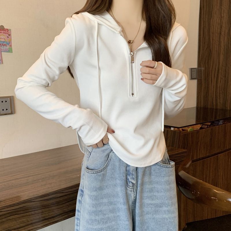 日系簡約純色半拉鏈衛衣女韓版小眾氣質百搭設計感休閒潮流上衣服