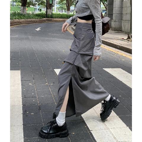 Large size fat mm high-waisted slim skirt for women with niche design, pleated side slits, mid-length a-line skirt for autumn