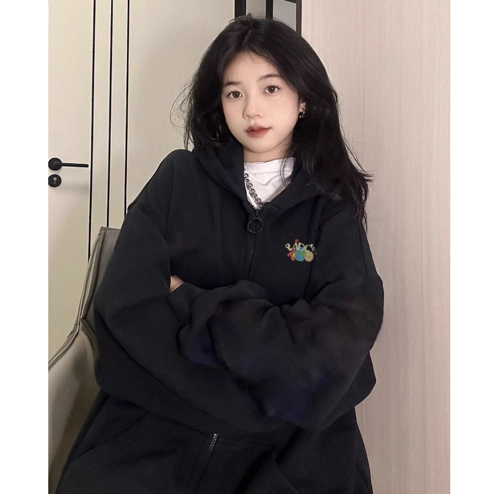100%重磅純棉開衫衛衣女寬鬆慵懶風連帽小個子2023春秋薄款外套潮