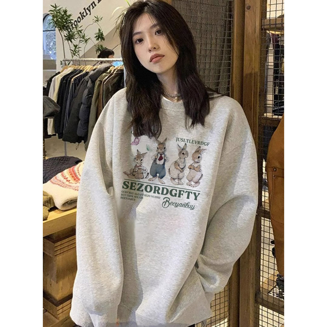 100%重磅純棉美式兔子印花衛衣女2023春秋薄款韓版休閒寬鬆上衣潮