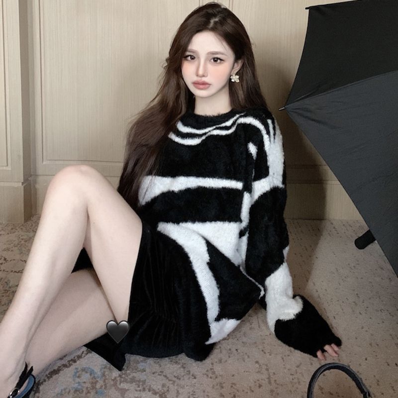 秋冬仿水貂毛衣女加厚酷女孩鹽系穿搭慵懶風寬鬆時尚斑馬紋針織衫