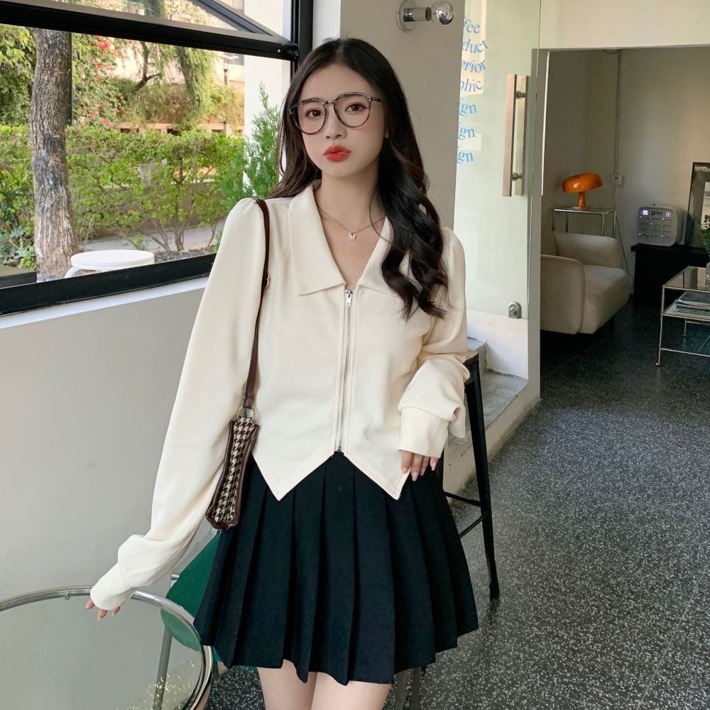 美式復古時尚簡約純色拉鏈長袖襯衫女韓版小眾設計感百搭大碼上衣