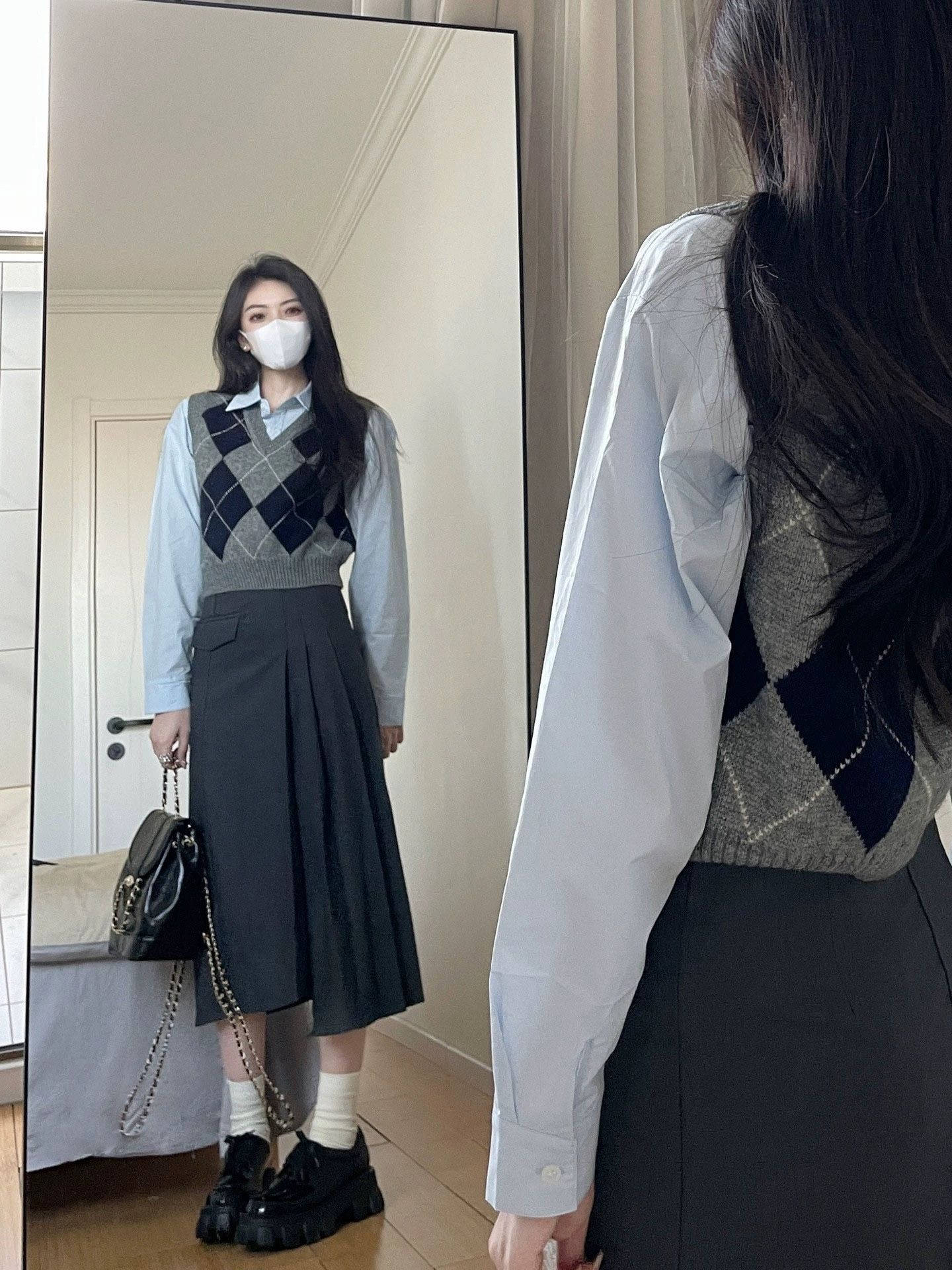 絕美學院風套裝女春秋季2023新款短款菱格針織馬甲背心襯衫兩件套