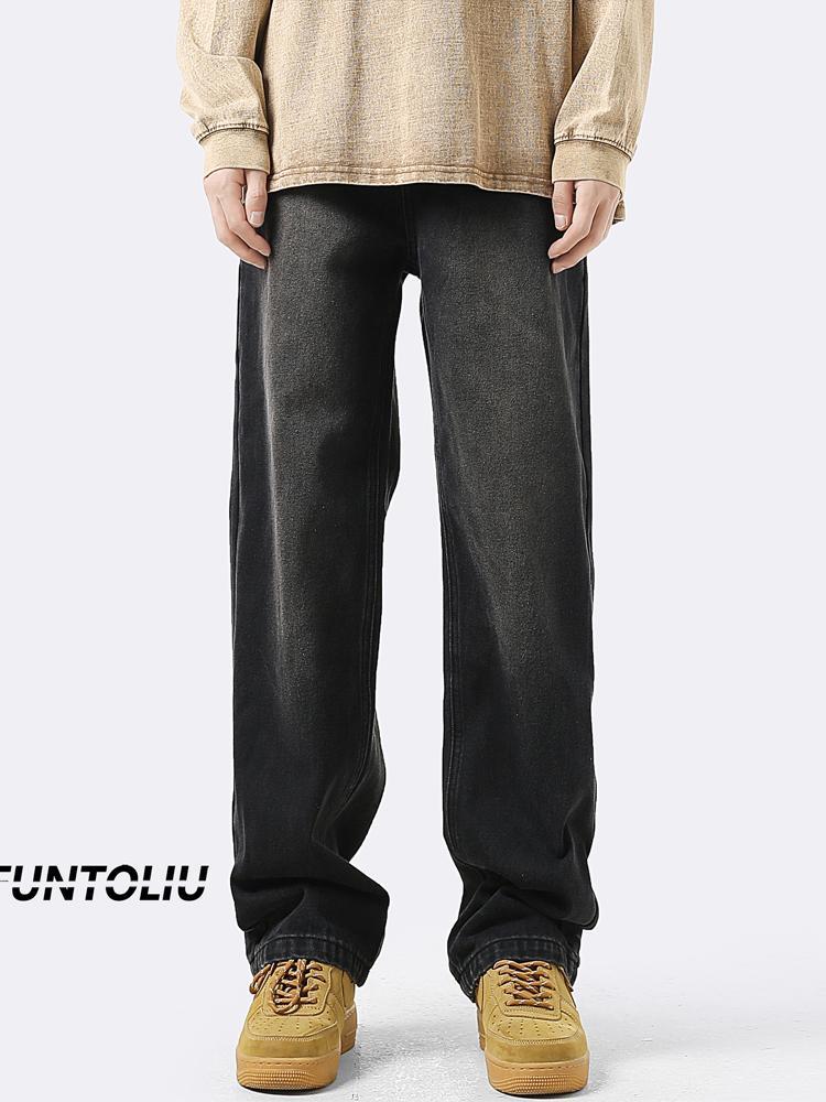 Retro jeans men's autumn American fashion brand loose yellow mud-dyed straight pants washed and distressed versatile wide-leg trousers
