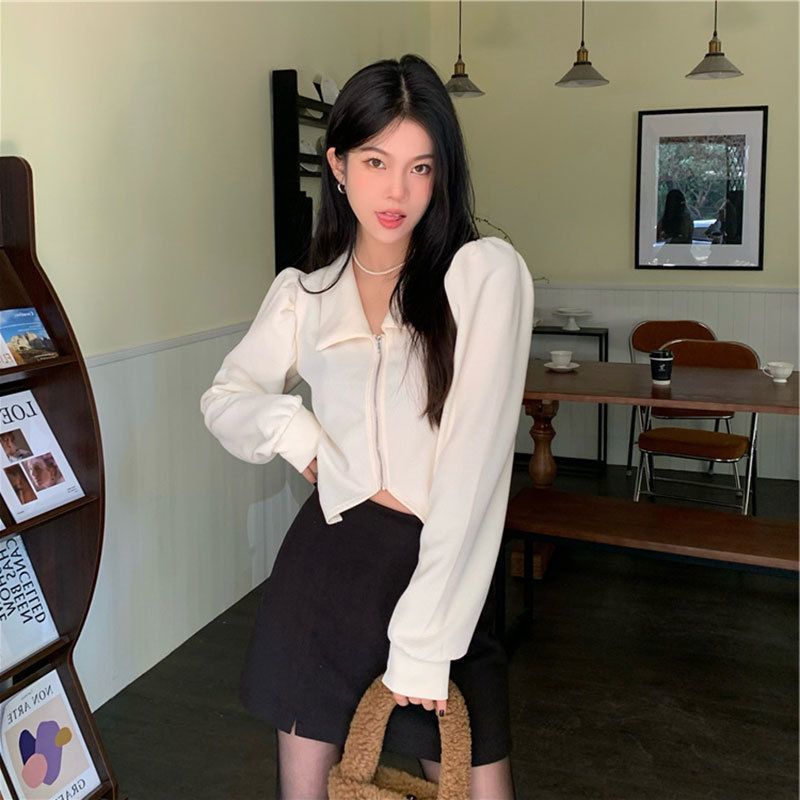 法式休閒時尚簡約純色拉鏈襯衫女韓版小眾氣質大碼女裝潮流上衣服
