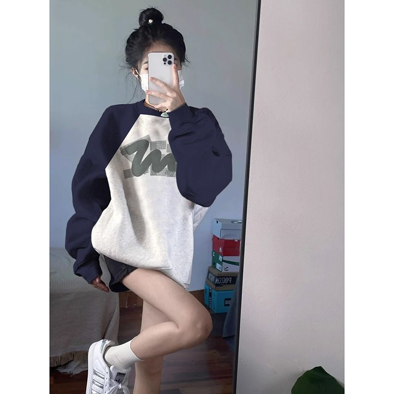 100%重磅純棉美式插肩袖衛衣女圓領oversize寬鬆上衣2023春秋薄款
