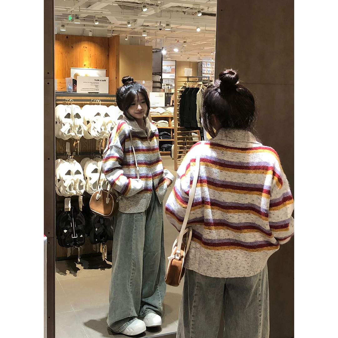 美式hiphop彩虹條紋翻領毛衣女春秋寬鬆減齡氣質休閒百搭開衫外套