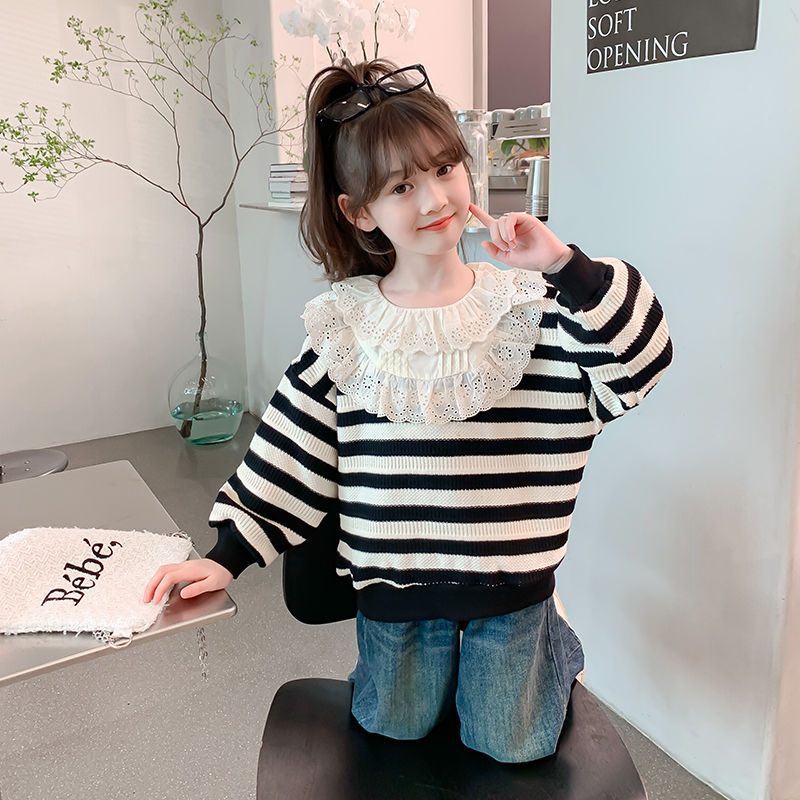 Girls' Autumn Sweaters  New Little Girls' Spring and Autumn Fashionable Striped Children's Clothing Children's Autumn Long-Sleeved Tops