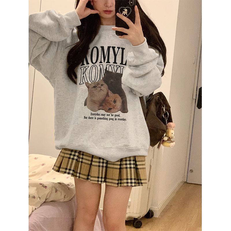 100%重磅純棉美式復古衛衣女中長款2023春秋薄款寬鬆慵懶風上衣