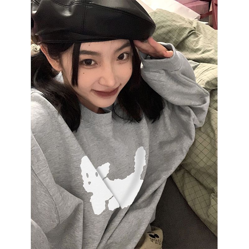 100%重磅純棉美式復古衛衣女圓領oversize中長款2023春秋薄款外套