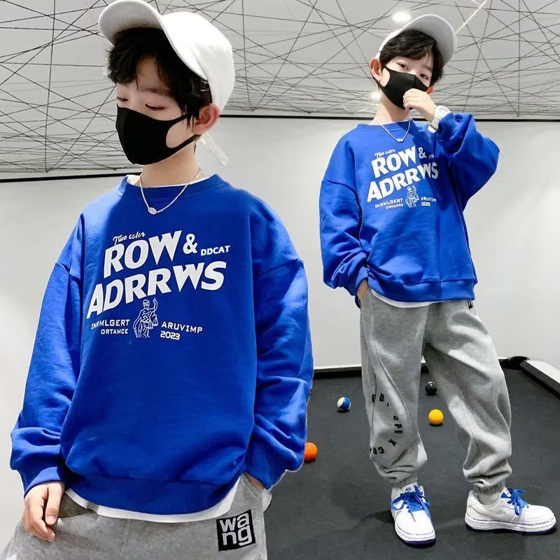 Autumn national fashion loose suit round neck boys sweatshirt letter printed long sleeve high street tops ins trend boys