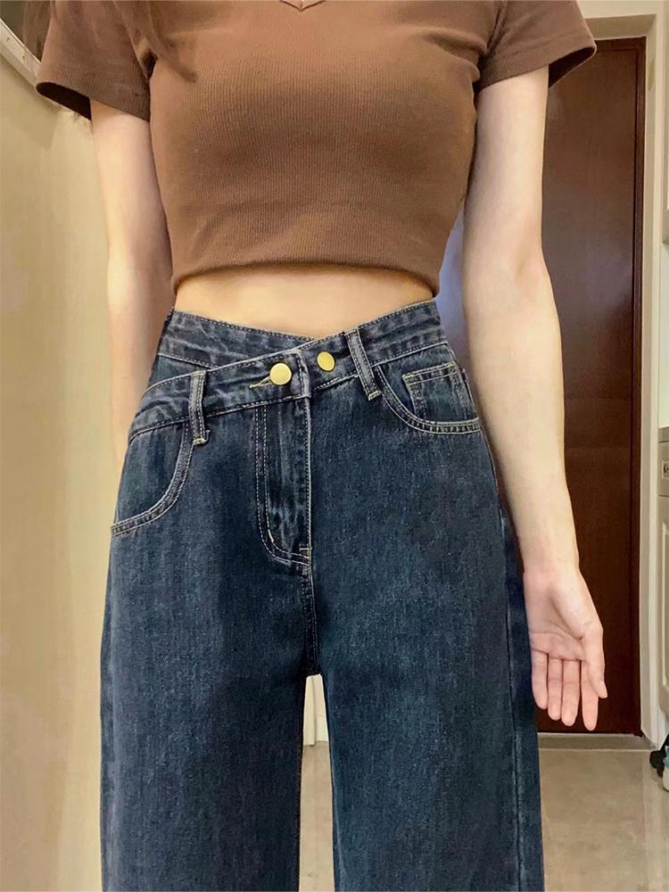 梨形身材闊腿牛仔褲女藍灰色秋季胖mm不規則設計感高腰加絨直筒褲