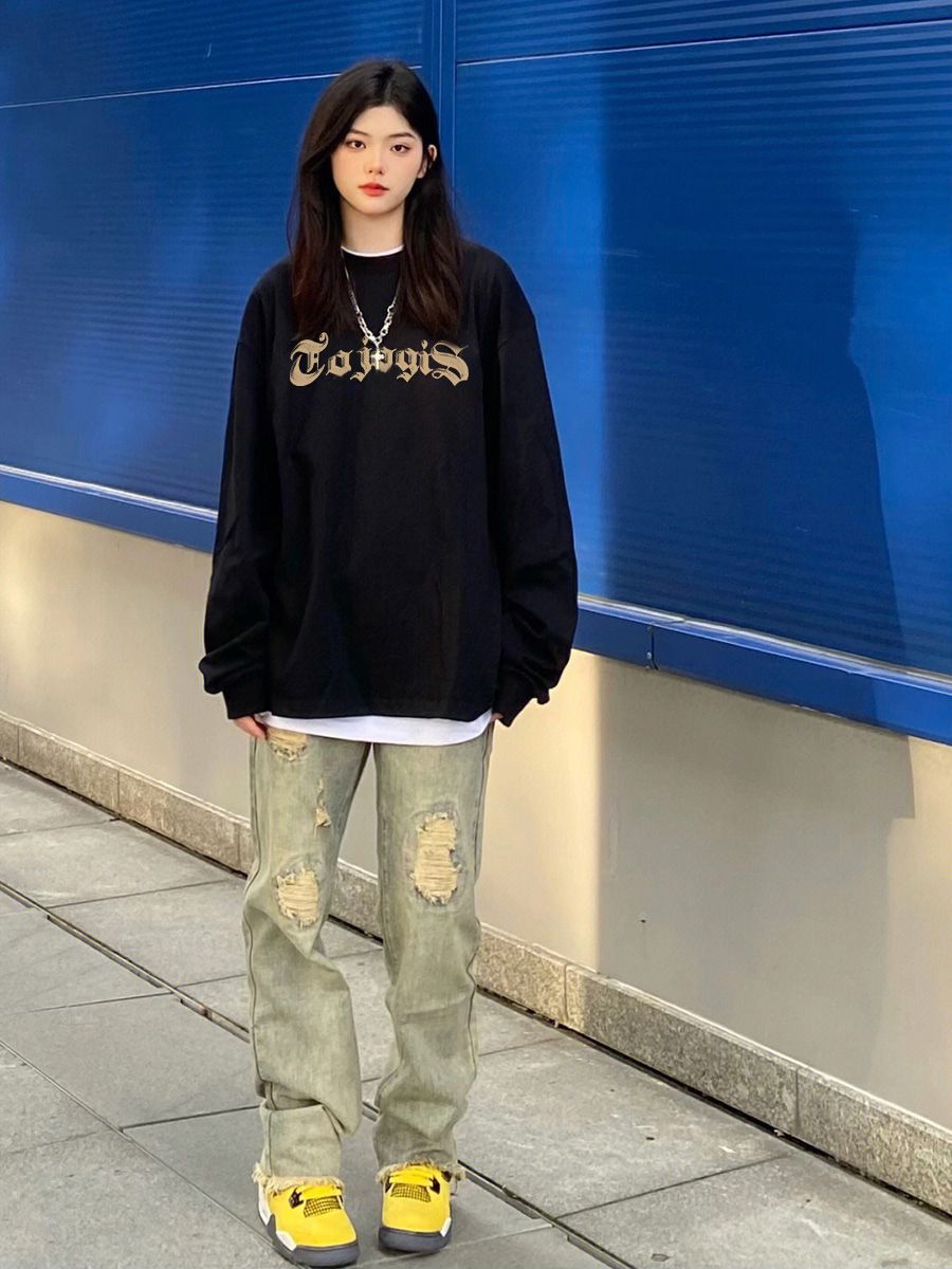 美式復古潮牌hiphop圓領衛衣女重磅春秋薄款情侶設計感小眾上衣男