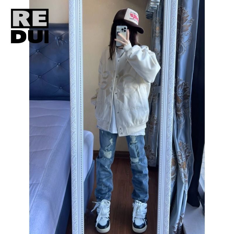 vintage美式薄款棒球服男女秋季新款寬鬆刺繡棒球領夾克情侶外套